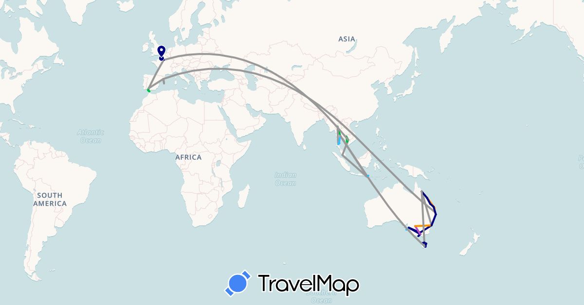 TravelMap itinerary: driving, bus, plane, train, boat, hitchhiking in Australia, Spain, France, Indonesia, Cambodia, Malaysia, Thailand (Asia, Europe, Oceania)